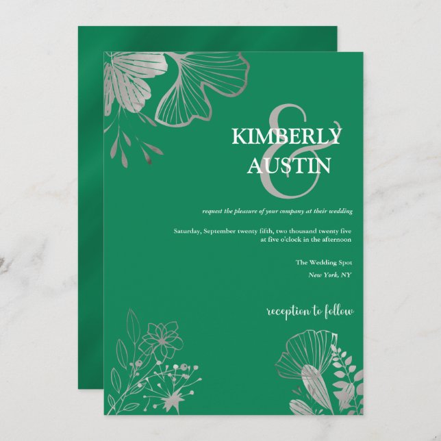 Emerald Green | Silver Floral Wedding Invitation (Front/Back)