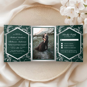 Emerald Green Silver Flourish Swirl Wedding Photo Tri-Fold Invitation