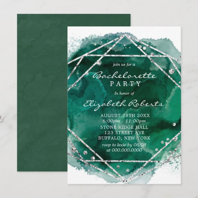 Emerald Green Silver Geometric Bachelorette Party Invitation (Front/Back)
