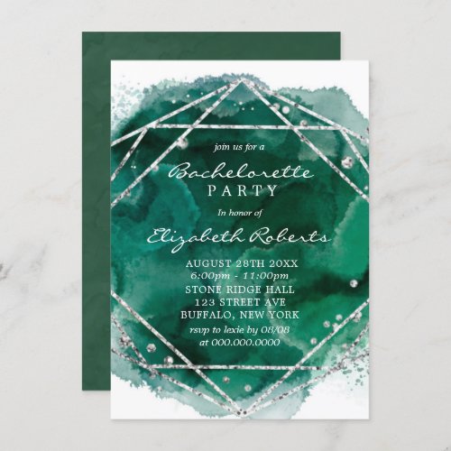 Emerald Green Silver Geometric Bachelorette Party Invitation