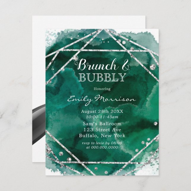 Emerald Green Silver Geometric Brunch & Bubbly Invitation (Front/Back)