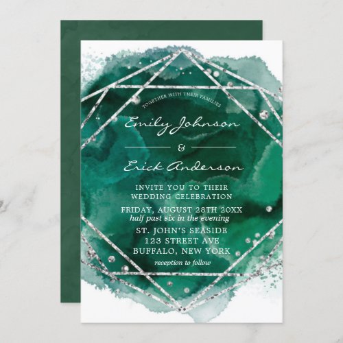 Emerald Green Silver Geometric Glitter Wedding Invitation