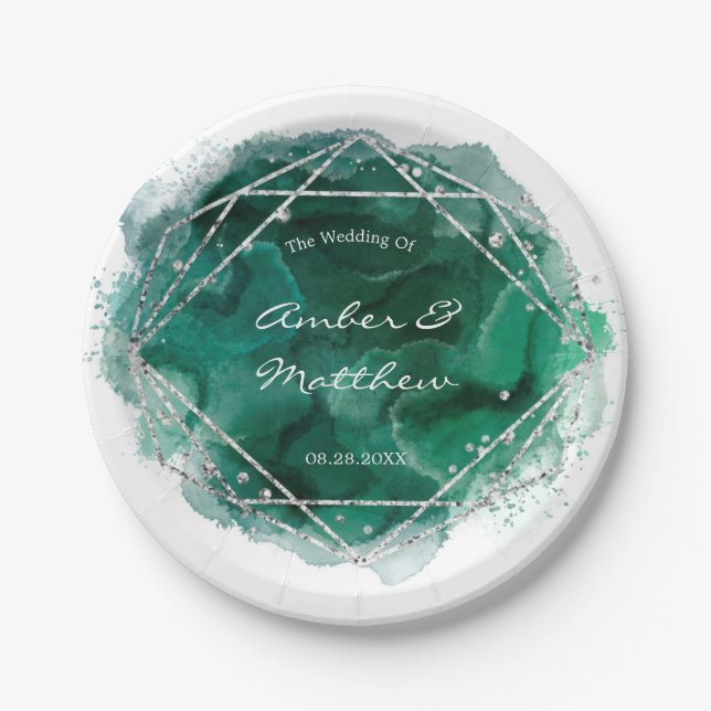 Emerald Green Silver Geometric Watercolor Wedding Paper Plates (Front)