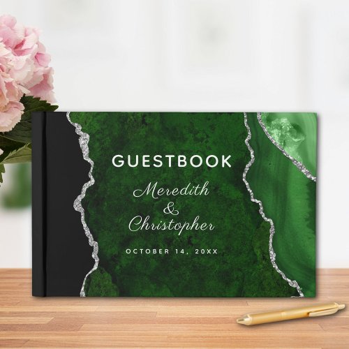 Emerald Green Silver Glitter Agate Wedding Guest Book