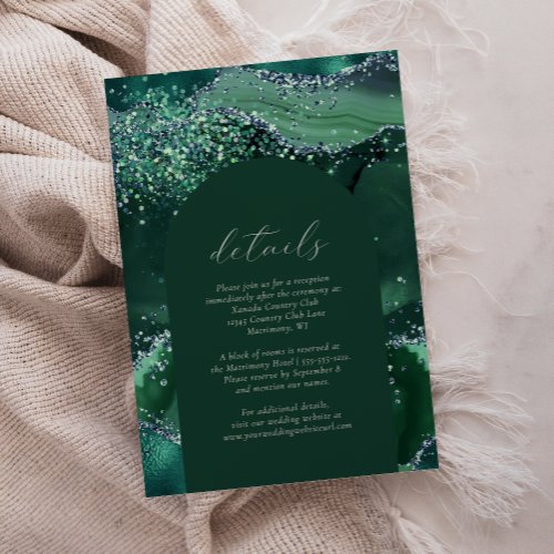 Emerald Green Silver Glitter Arch Wedding Details Enclosure Card