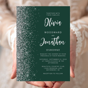 Emerald Green Silver Glitter Calligraphy Wedding Invitation
