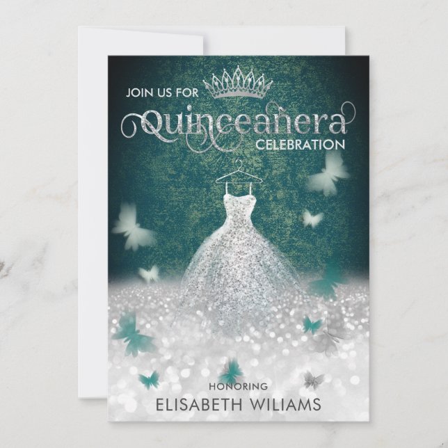 Emerald Green silver glitter dress butterfly Invitation (Front)