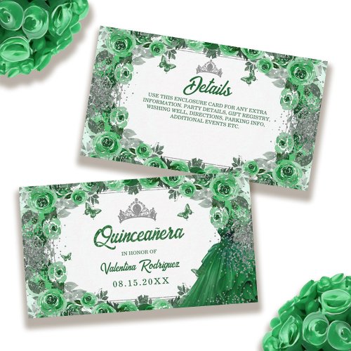 Emerald Green Silver Glitter Floral Quinceanera Enclosure Card