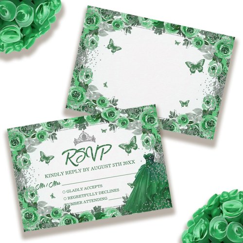 Emerald Green Silver Glitter Floral Quinceanera RSVP Card