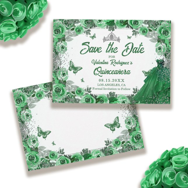 Emerald Green Silver Glitter Floral Quinceanera Save The Date (Emerald Green Silver Glitter Floral Quinceanera Save The Date)