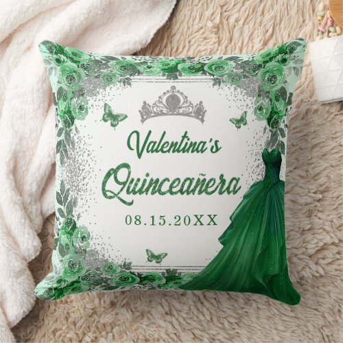 Emerald Green Silver Glitter Floral Quinceanera Throw Pillow