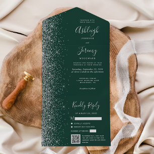 Emerald Green Silver Glitter QR Code Wedding All In One Invitation