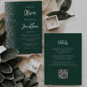 Emerald Green Silver Glitter QR Code Wedding Invitation
