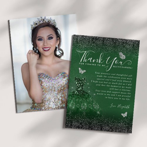 Emerald Green Silver Glitter Quinceanera Photo Thank You Card