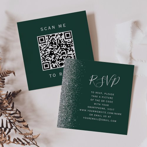 Emerald Green Silver Glitter Wedding QR Code RSVP Enclosure Card