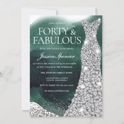 Emerald Green  Silver Gown 40th Birthday Party Invitation