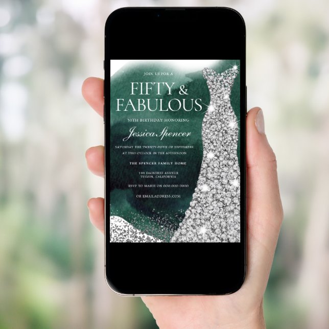 Emerald Green & Silver Gown 50th Birthday Party Invitation (Front Digital)