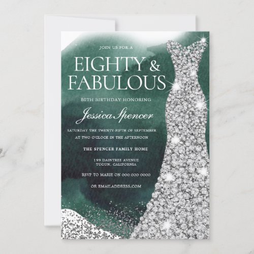 Emerald Green  Silver Gown 80th Birthday Party Invitation