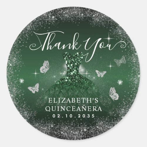 Emerald Green Silver Gown Quinceaera Thank You Classic Round Sticker