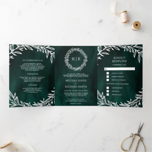 Emerald Green Silver Leaf Branch 3 in 1 Wedding Tri_Fold Invitation