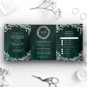 Emerald Green Silver Leaf Branch 3 in 1 Wedding Tri-Fold Invitation