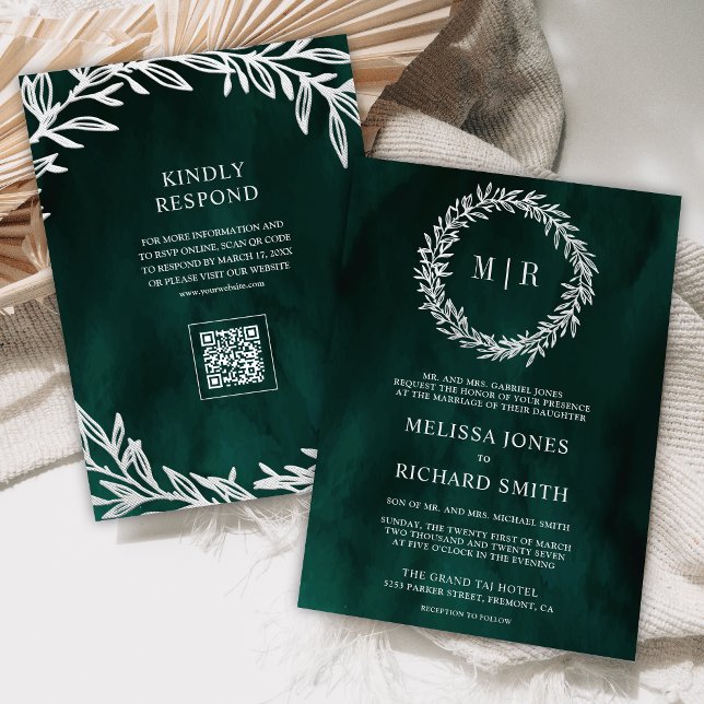Emerald Green Silver Leaf Branch QR Code Wedding Invitation (Creator Uploaded)