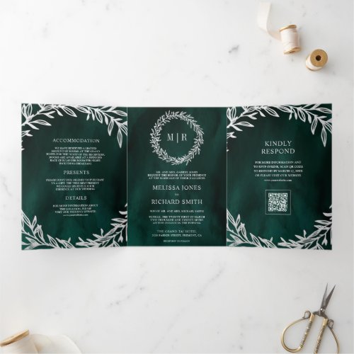 Emerald Green Silver Leaf Branch QR Code Wedding Tri-Fold Invitation