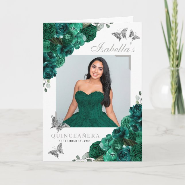 Emerald Green & Silver Quinceanera Butterflies Program (Front)