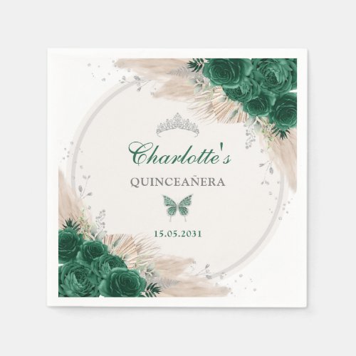 Emerald Green Silver Quinceanera Miss Quince 15 Napkins