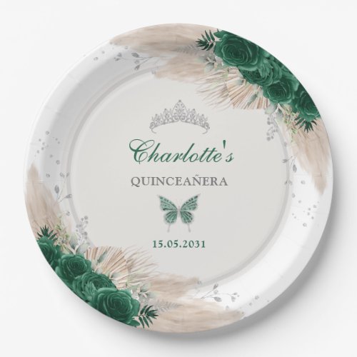 Emerald Green Silver Quinceanera Miss Quince 15 Paper Plates