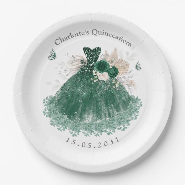 Emerald Green Silver Quinceanera Princess Dress Paper Plates (Front)