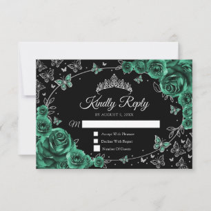 Emerald Green Silver Quinceanera Reply RSVP Card
