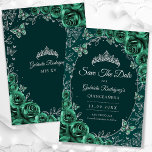 Emerald Green Silver Quinceanera Save The Date<br><div class="desc">Emerald green and silver Quinceanera celebration Save The Date card. Features,  script font,  butterflies,  watercolor roses and tiara. Perfect for an elegant princess style glam celebration. Personalize with your own details. Printed Zazzle invitations or instant download digital printable template.</div>