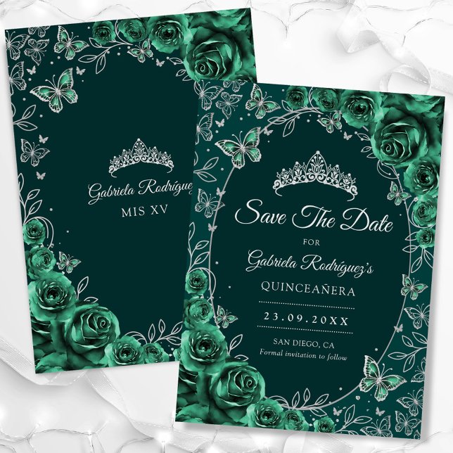 Emerald Green Silver Quinceanera Save The Date (Creator Uploaded)