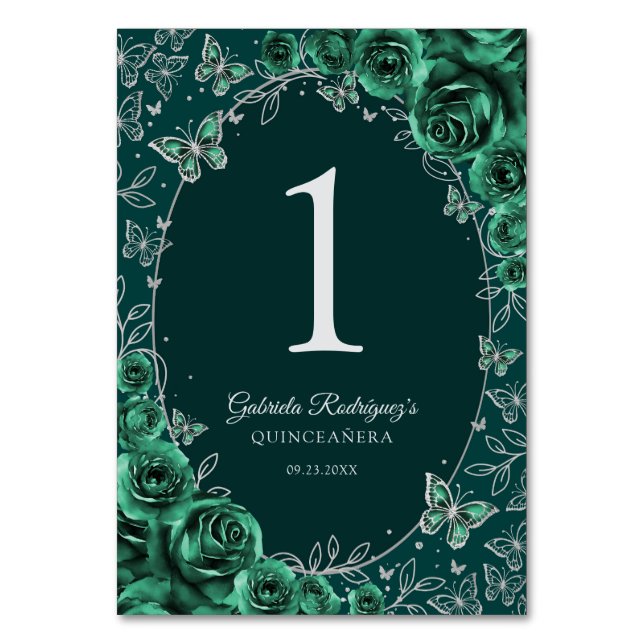 Emerald Green Silver Quinceanera Table Number (Front)