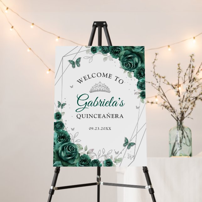 Emerald Green Silver Quinceanera Welcome Foam Board (In Situ (Stand))