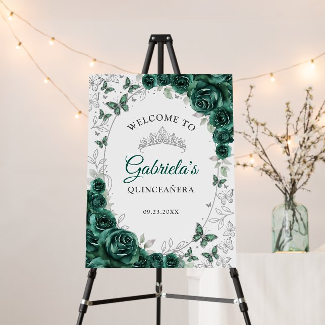 Emerald Green Silver Quinceanera Welcome Foam Board (In Situ (Stand))