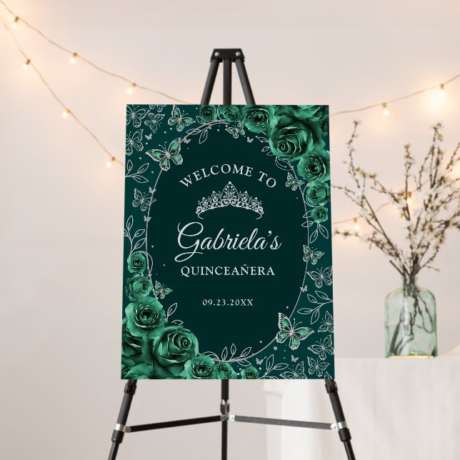 Emerald Green Silver Quinceanera Welcome Foam Board (In Situ (Stand))