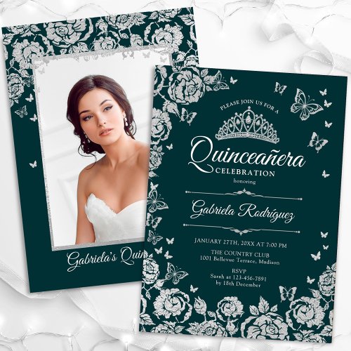 Emerald Green Silver Roses Quinceanera Photo Invitation