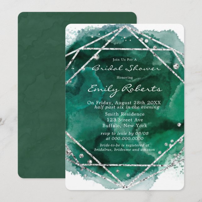 Emerald Green Silver Watercolor Bridal Shower  Invitation (Front/Back)