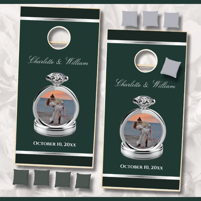 Emerald Green Silver Wedding Reception Cornhole Set (Emerald green and silver wedding cornhole game with personalized engagement ring photo placeholder)