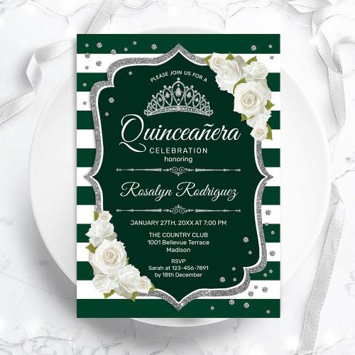 Emerald Green Silver White Elegant Quinceanera  Invitation