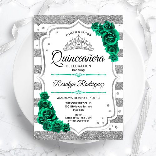 Emerald Green Silver White Elegant Quinceanera Invitation