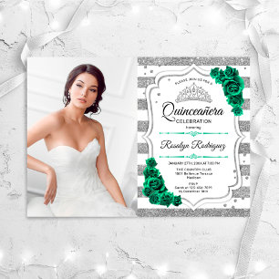 Emerald Green Silver White Photo Quinceanera Invitation