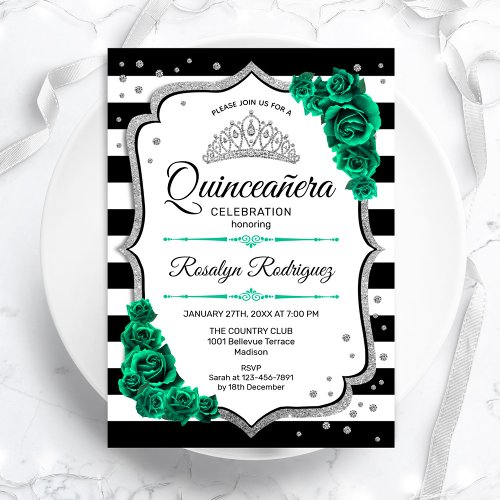 Emerald Green Silver White Quinceanera Invitation