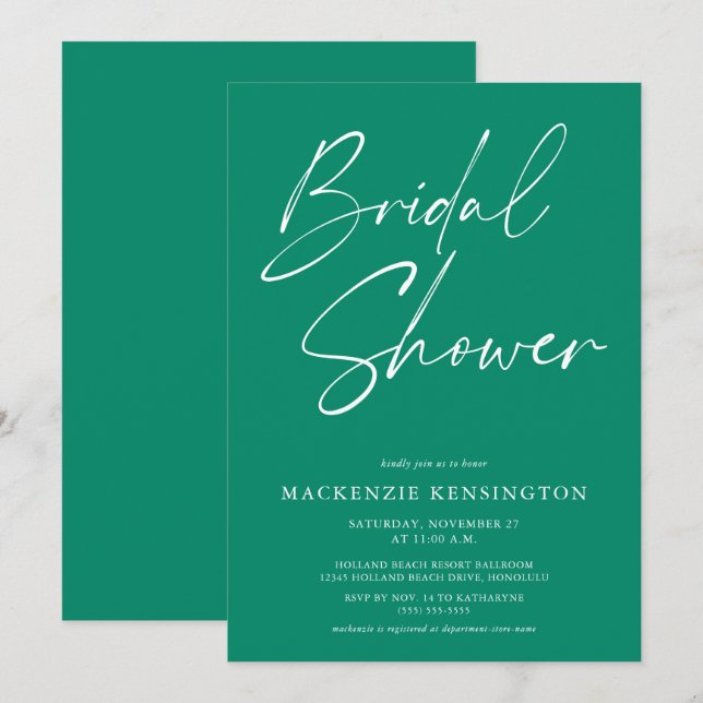 Emerald Green Simple Elegant Bridal Shower Invitation (Front/Back)