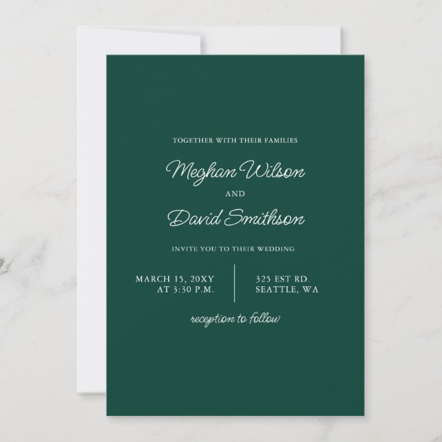 Emerald Green Simple Elegant Modern Wedding  Invitation (Front)