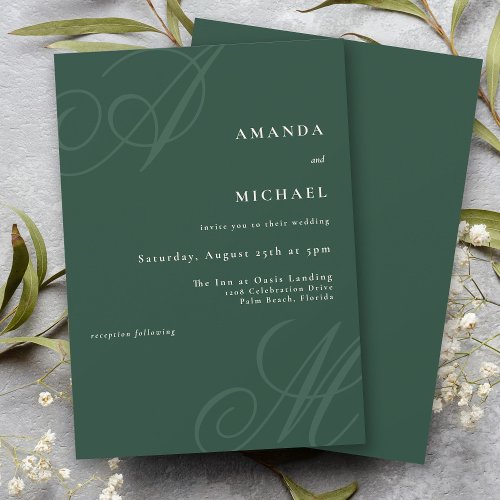 Emerald Green Simple Elegant Monogram Wedding Invitation