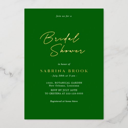 Emerald Green   Simple Minimalist Bridal Shower  Foil Invitation
