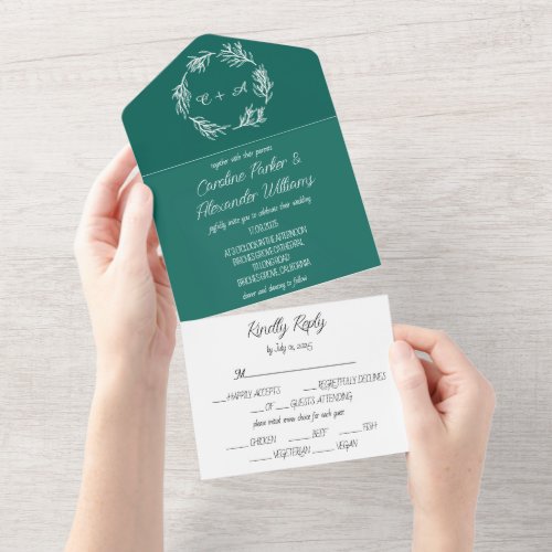 Emerald Green Simple Modern Monogrammed Wedding All In One Invitation